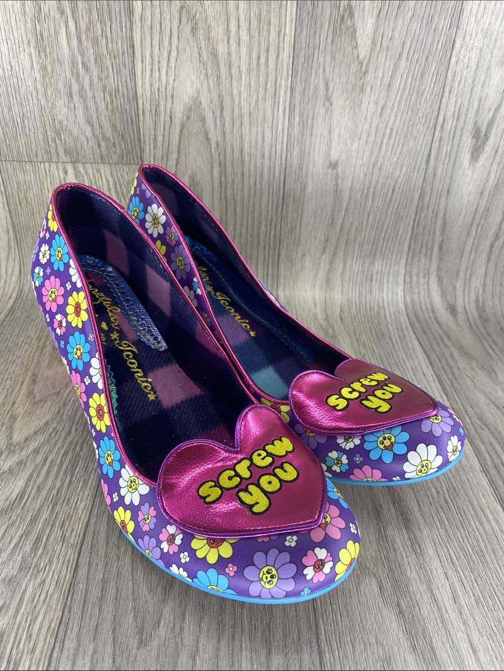 Irregular Choice Purple Floral 'Screw You' Heart Pumps